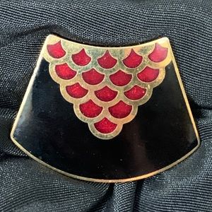 Women's Black and Red Enamel Fashion Brooch - Gold Trim